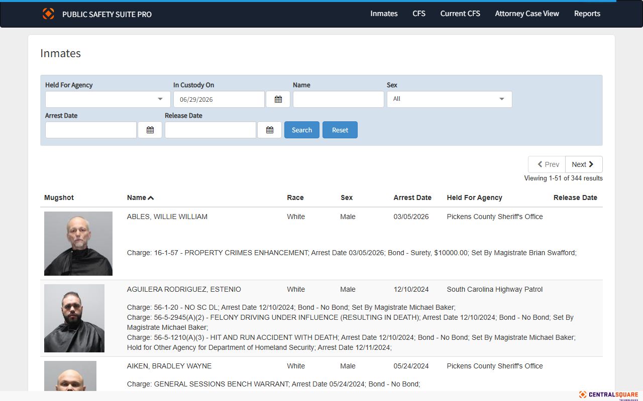 Pickens County inmate population Zuercher jail roster search